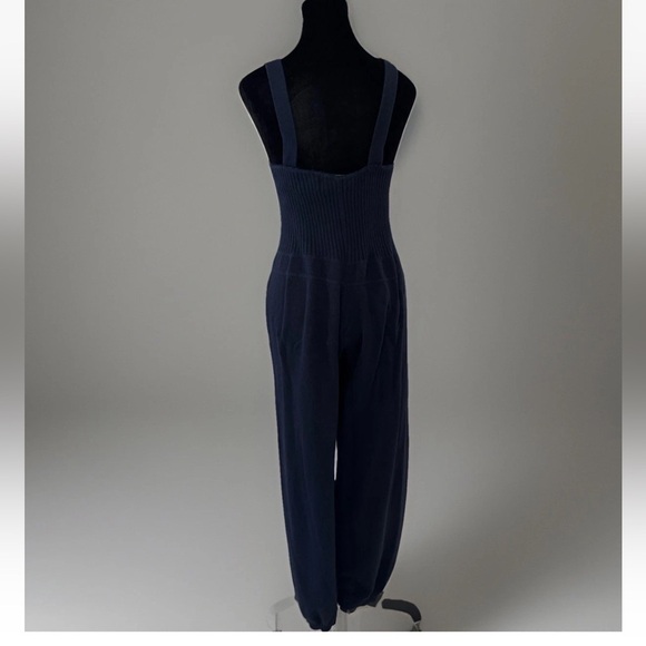 Brazeau Tricot Knit Overall Jumpsuit Sz S Made In USA Navy Blue Cotton Lux Boho - Picture 3 of 11